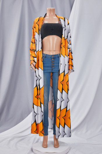 Autumn new plus size geometric pattern printing micro-elastic loose vintage minimalist long cardigan 2#