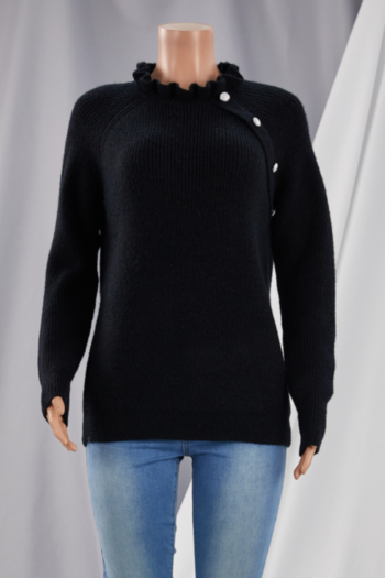 Winter new solid color knitted stretch frill trim collar button decor stylish sweater