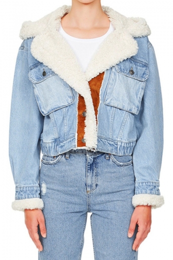 winter new teddy fleece spliced inelastic hooded single-breasted pockets casual stylish high quality denim jacket