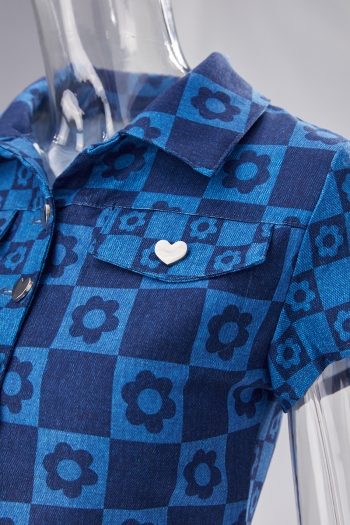 Summer new stretch flower batch printing heart-shaped metal-button turndown collar stylish crop top
