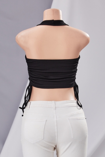 Summer new stylish simple solid color stretch halter neck backless drawstring sexy vest