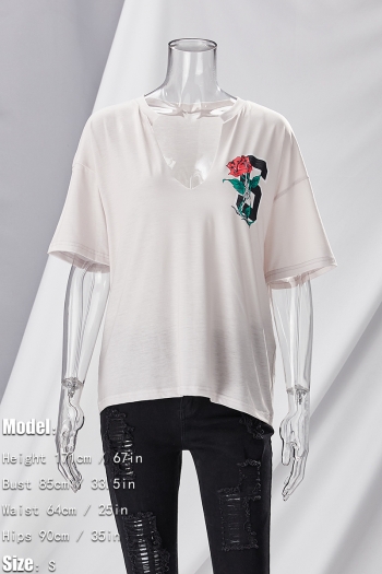 Summer new stylish letter rose printing low-cut short sleeve stretch sexy top