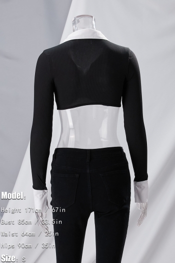 Spring new stylish stretch contrast color patchwork single-breasted long sleeves irregular sexy crop top