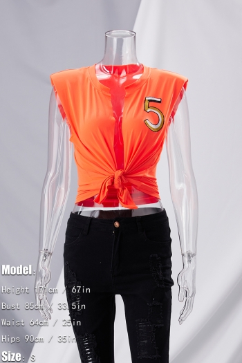 Summer new stylish three colors letter embroidery crew neck with shoulder pads sleeveless stretch sexy top