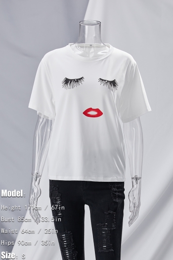 Summer eyelashes & red lips fixed printing stretch casual all-match t-shirt