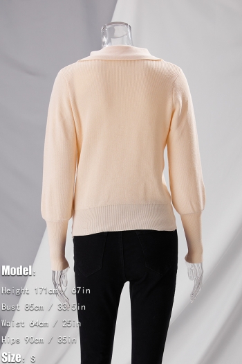 Autumn solid color stretch turndown collar lantern-sleeve stylish knitted top
