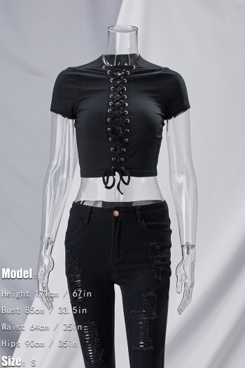 Summer new stylish solid color hollow lace-up eyelet stretch slim short sleeve sexy crop top