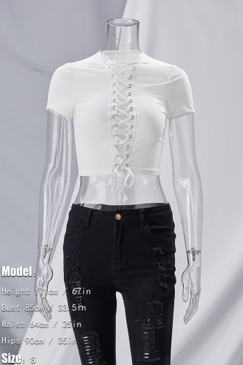 Summer new stylish solid color hollow lace-up eyelet stretch slim short sleeve sexy crop top
