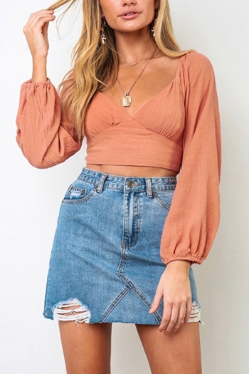 autumn new 2 colors inelastic long sleeve off-the-shoulder crossed sling lace up backless stylish sexy crop top(only top)