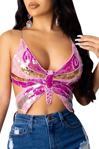 summer new 2 colors sequin decor non stretch butterfly shape sling stylish sexy crop top(only top)