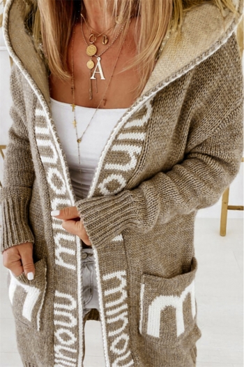 winter new stylish 3 colors letter printing pocket hooded slight stretch knitted high quality cardigan sweater