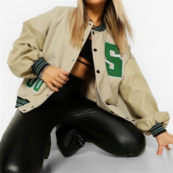 winter new stylish number 2 embroidered pu patchwork contrast color slight stretch pocket single-breasted casual baseball jacket