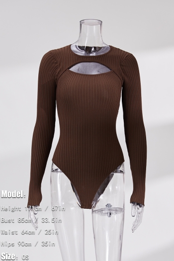 Autumn new stylish 5-colors solid color slight stretch hollow knitted all-match bodysuit
