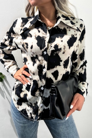 autumn new cow batch printing non-stretch long sleeve turndown collar single breasted stylish casual blouse