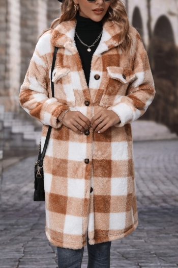 winter new lattice printing teddy fleece slight stretch turndown collar single-breasted pocket stylish warm high quality jacket