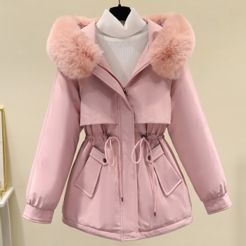 m-3xl plus size winter new 6 colors plush decor non stretch hooded drawstring design zip-up nipped waist stylish high quality thicken casual parka cotton jacket (only jacket)