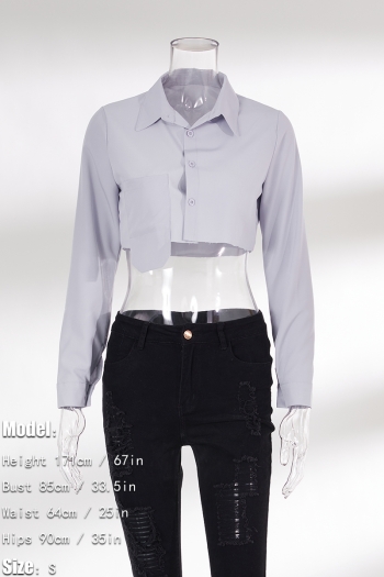 autumn four colors new solid color pocket single breasted long sleeve inelastic short style blouse