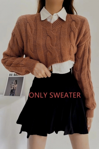 autumn & winter new solid color twist knitted slight stretch v-neck stylish all-match high quality crop sweater(only sweater)
