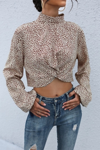 early autumn new leopard printing non stretch long sleeve kink design hollow pearl decor stylish sexy crop blouse