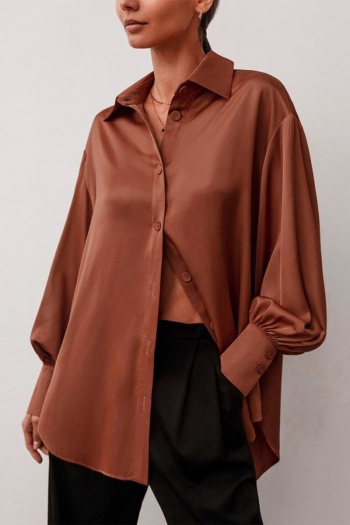 non-stretch solid color single-breasted loose lantern sleeve stylish shirt