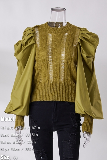 slight stretch 4 colors hollow knitted puff-sleeve exquisite all-match blouse