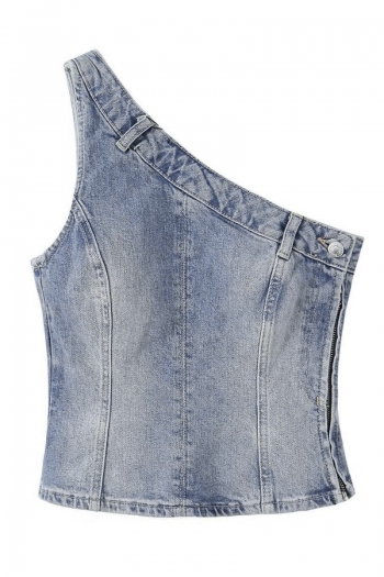 sexy non-stretch one shoulder slim zip-up denim vest size run small