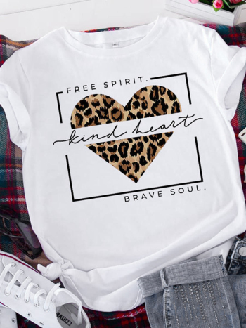 casual plus size slight stretch letter leopard heart print round neck t-shirt