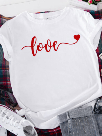 casual plus size slight stretch heart letter print short sleeve t-shirt