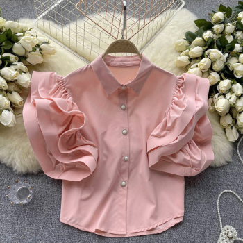 exquisite non-stretch solid color single-breasted ruffles all-match shirt