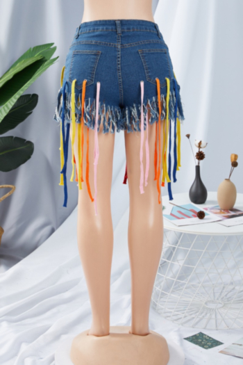 Sexy summer personality rope solid color stitching tassel ripped denim hot shorts