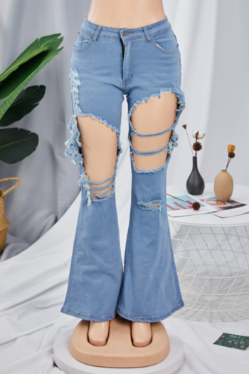 Autumn new plus size elastic holes pockets stylish flare jeans