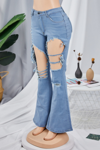 Autumn new plus size elastic holes pockets stylish flare jeans