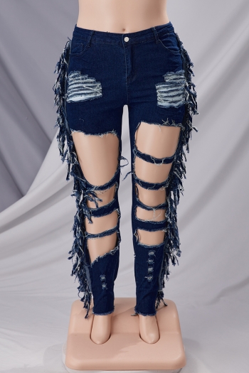 XL-5XL autumn new two colors micro-elastic holes tassels pockets stylish grunge style jeans