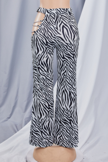 Early autumn new plus size zebra pattern printing micro-elastic hollow metal-chain decor zip-up side wide-leg stylish pants