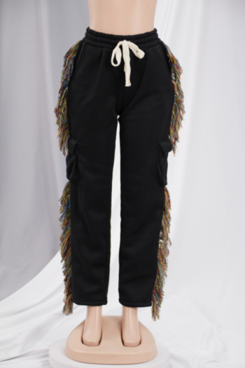 Winter new three colors plus size micro-elastic tie-waist pockets tassels stylish casual pants