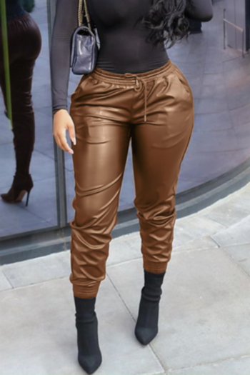 autumn new plus size solid color pu fabric micro-elastic tie-waist pockets stylish leather pants