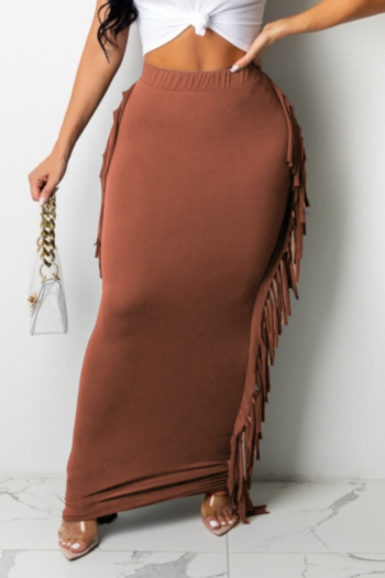 autumn new plus size solid color stretch high waist tassel stylish long skirt