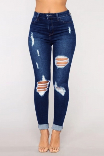 autumn solid color holes plus size zip-up stretch slim casual fashion jeans