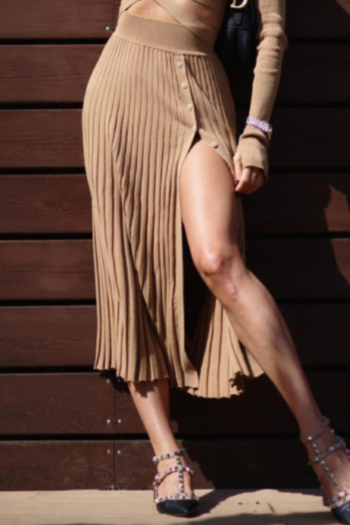 autumn solid color knitted stretch pleated buttons high-slit stylish midi skirt