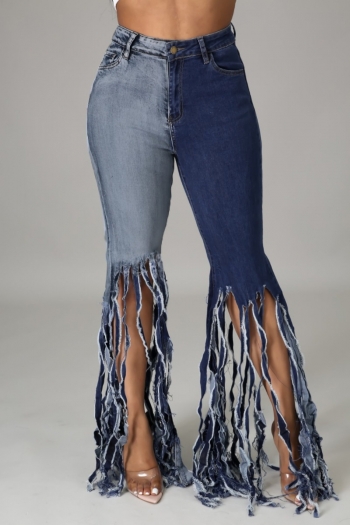 autumn new stylish plus size contrast color stitching long tassel stretch slim jeans