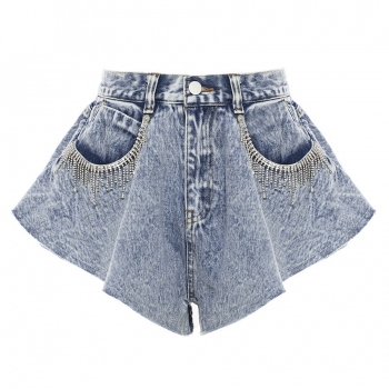 xs-2xl summer new plus size rhinestone decor inelastic sculpt ruffle pockets button zip-up stylish high quality denim shorts