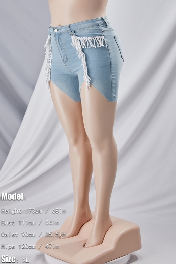 S-3XL summer new plus size three colors micro-elastic tassel notched hem design pockets button zip-up stylish denim shorts