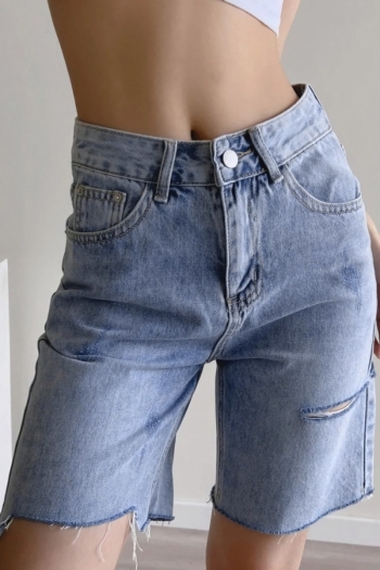 summer new micro-elastic high waist button zip-up pockets hole stylish all-match denim shorts