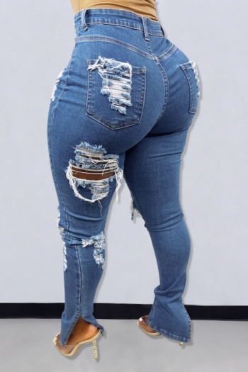 s-2xl plus size spring & summer new 2 colors holes stretch tied button pockets slit tight stylish street casual jeans