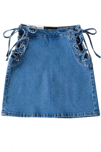 xs-xl summer new 4 colors micro-elastic hollow out eyelet tied pockets stylish all-match denim mini skirt