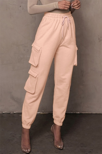 autumn new stylish 5 colors simple solid color pocket slight stretch high waist belt plus size casual pants