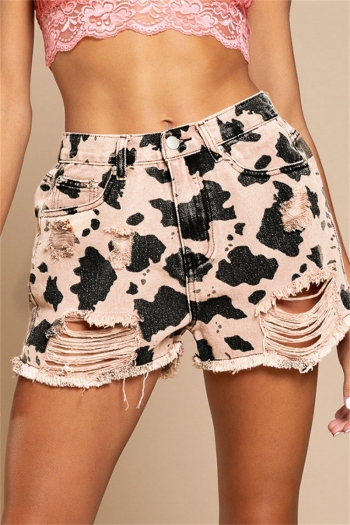 summer new stylish 3 colors leopard batch printing ripped pocket zip-up casual denim shorts