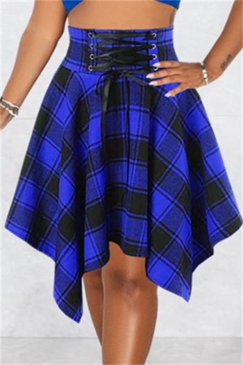 summer new stylish 3-colors plaid batch printing lace-up irregular high waist plus size casual skirt