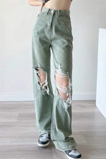summer new stylish high waist slight stretch hole loose zip-up pocket high quality casual jeans