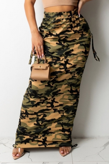 autumn new plus size 3 colors camo printing slight stretch high waist drawstring pocket stylish all-match maxi skirt